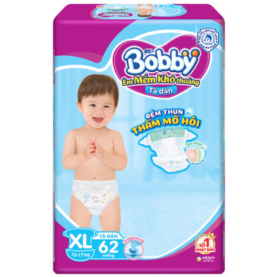 Tã Dán Bobby Siêu Mỏng Thấm Gói Siêu Lớn XL62 (62 Miếng)