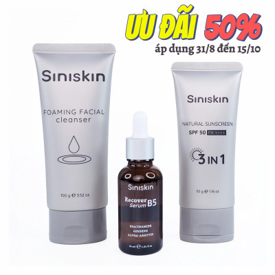 Bộ sản phẩm chăm sóc da Siniskin "Serum phục hồi da Recover B5, Kem Chống Nắng nâng tone tuje nhiên, Sữa Rửa Mặt tạo bọt dịu nhẹ