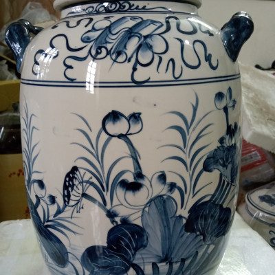 Hũ đựng rượu gạo gốm sứ Bát Tràng vẽ cá chép loại 20L