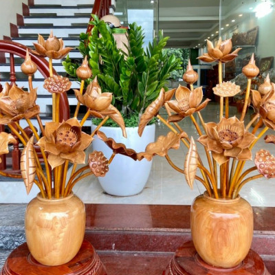 1 Bình hoa sen bằng gỗ ngọc am 15 cành trang trí phòng khách phòng thờ  