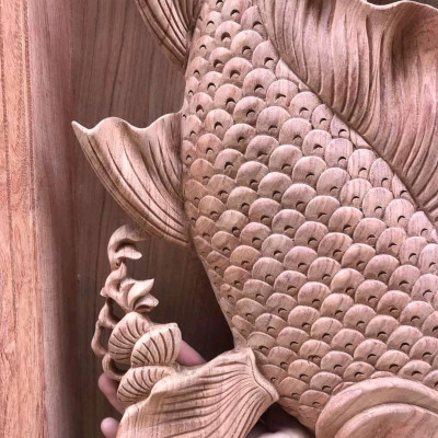 Cặp tranh treo tường lý ngư vọng nguyệt bằng gỗ hương đá siêu víp kt 42×127×8cm