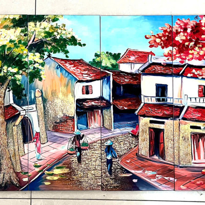 Bộ Tranh sơn mài 4 tấm - ĐỒNG QUÊ / PHỐ CỔ VIỆT NAM - Size 50x80 cm / 60x120 cm