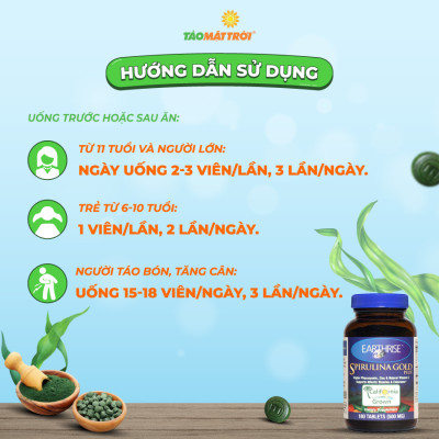 Tảo Mặt Trời Earthrise Spirulina Gold Plus - Hỗ trợ tăng cân - Lọ 360 viên