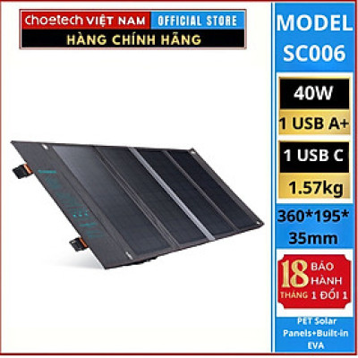 Bộ sạc năng lượng Choetech SC006 di động 40W có thể gấp gọn (Hàng chính hãng)