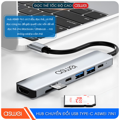 Hub Chuyển Đổi USB Type C ASWEI 7 in 1 - HDMI, USB 3.0, SD, TF, USB C, PD 100W Tốc Độ Cao - Hàng Chính Hãng