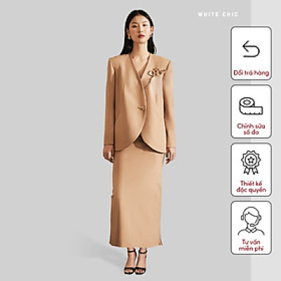 Set áo blazer nữ vạt buông tròn đính kèm hoa cài thủ công & váy bút chì OLIVE thiết kế cao cấp WHITE CHIC