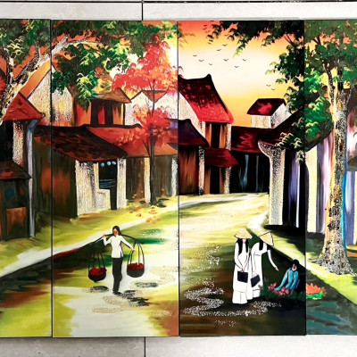 Bộ Tranh sơn mài 4 tấm - ĐỒNG QUÊ / PHỐ CỔ VIỆT NAM - Size 50x80 cm / 60x120 cm