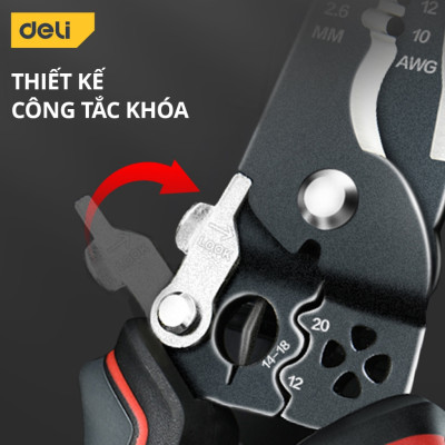 Kìm Bấm Dây Điện Đa Năng Deli - Kết hợp uốn, cắt, bấm, tách dây - Chất liệuThép Cao Cấp, Điều Chỉnh Lực Tuốt Dây Dễ Dàng
