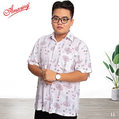 Áo sơ mi mùa hè cho nam, vải tole bông, tay ngắn, vạt ngang, có size lớn 105kg, thương hiệu Amazing
