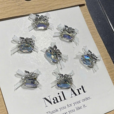 Set 6 Viên Charm Đá Khối Siêu Sáng Mix Nơ Voan Làm Nail Sang Chảnh Sheng Jia Yu, Charm Đá Viên Hình Trứng Có Nơ Đính Móng Màu Hồng Trắng Xanh Women Nữ