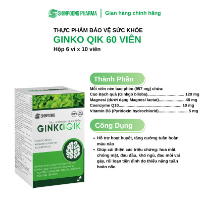 [Hộp 60 Viên] Viên Uống GINKOQIK Hoạt Huyết, Hỗ Trợ Não Và Trí Nhớ - SHINPOONG PHARMA
