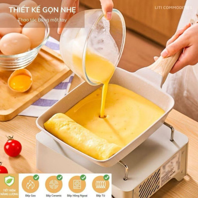 Chảo chữ nhật chống dính cán gỗ 18cm - chảo chiên trứng cuộn phong cách Hàn Quốc