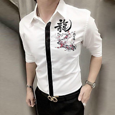 Áo sơ mi nam viền đen họa tiết cây hoa anh đào và chữ tàu