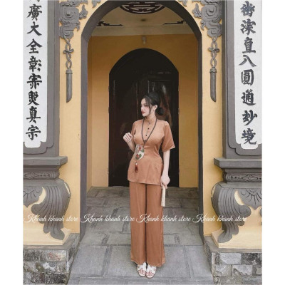 Đồ Lam Nữ Đi Chùa - Bộ Cổ Trụ Thêu Hạt Đính Ngọc Bội Tàu AL025