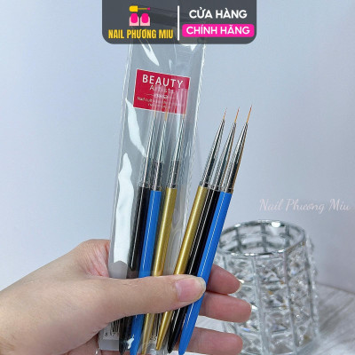 Set 3 Cây Cọ Nét Beauty Xanh Vàng Đen 5mm, 7mm, 9mm Lông Mịn Không Lem, Đầu Cọ Dài Vẽ Đa Năng, Kẻ Viền Và Tạo Hình Làm Nail Đẹp Nữ Women