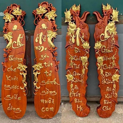 Tranh câu đối hình quả bầu gỗ hương đỏ kt 27×117×4cm 