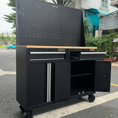 Bộ 2 Tủ dụng cụ CSPS 122cm màu đen mặt ván gỗ kèm vách lưới - 02 hộc kéo (tay cầm trắng)