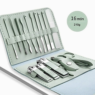 Bộ dụng cụ làm móng tay chân 16 món cao cấp đi kèm bao da tiện dụng inox - Hàng chính hãng