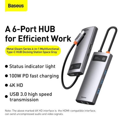 Hub chuyển đổi USB Type-C 6 in 1 sạc nhanh 100W ra 3 cổng USB 3.0, LAN RJ45, HDMI 4K hiệu Baseus Metal Gleam Series sạc nhanh chuẩn PD 3.0 cho Macbook / Laptop - hàng nhập khẩu
