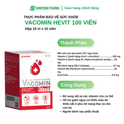 [Hộp 100 Viên] Viên Uống VACOMIN HEVIT Bổ Sung Sắt (Fe) Cho Người Có Nguy Cơ Thiếu Máu | Kết Hợp Acid Folic, Vitamin C, E, B6 - SHINPOONG PHARMA