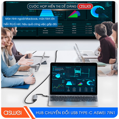 Hub Chuyển Đổi USB Type C ASWEI 7 in 1 - HDMI, USB 3.0, SD, TF, USB C, PD 100W Tốc Độ Cao - Hàng Chính Hãng