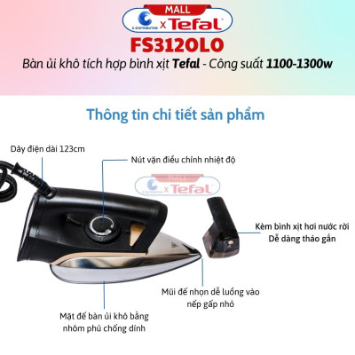 Bàn Ủi Khô Tích Hợp Bình Xịt Nước Tefal FS3120L0 - Công Suất 1300W -  Hàng Chính Hãng