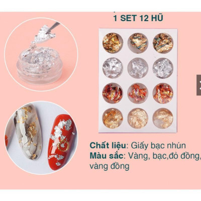 Set Giấy Nhún Bạc Ẩn Gel Trang Trí Móng 12 Ô, 4 Tone Màu Vàng Bạc Mix, Phong Cách Nhật Hàn, Làm Nail Độc Đáo Và Sáng Tạo Nữ