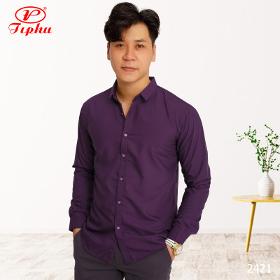 Áo sơ mi nam màu tím nho, phong cách Hàn Quốc, form body slim fit, không túi, vải Bamboo, Amazing