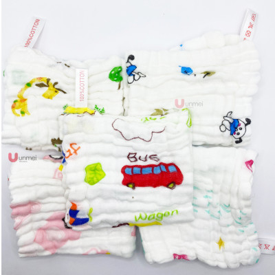 Khăn Sữa Cotton Unmei 6 lớp cho Bé, 30x30cm, Khăn Vải Xô Dày dặn, Thấm Hút Tốt, Màu Trắng Hoa văn ngẫu nhiên