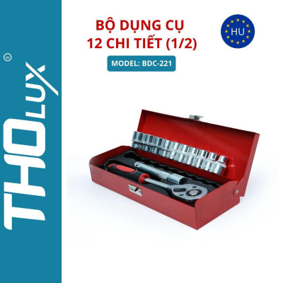 Bộ dụng cụ 12 chi tiết (1/2) BDC-221 Tholux, đầu tuýp 1/2 inch vặn, siết, tháo, mở đai ốc, bu lông