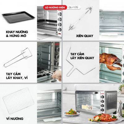 Lò nướng điện đa năng Gali GL-1170 dung tích lớn 70 lít, có đèn, xiên quay, quạt đối lưu, hàng chính hãng Gali bảo hành 24 tháng.