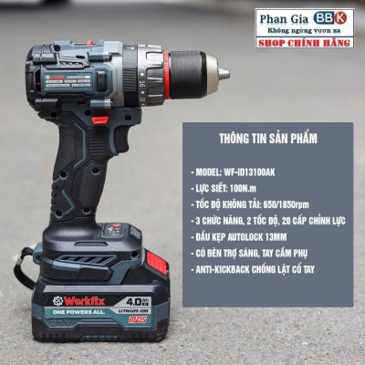 Máy Khoan Workfix WF-ID13100AK 13mm Lực Siết 100Nm 3 Chức Năng , Không Chổi Than ( chính hãƞg)