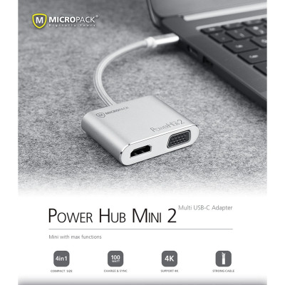 Cổng chuyển đổi MicroPack POWER HUB MINI 2 MDC-4V USB-C To 4 Ports HDMI 4K-60Hz/ VGA FullHD/ USB-C PD 100W/ USB-A Hàng Chính Hãng