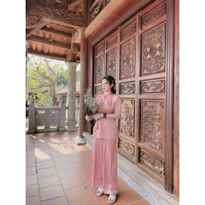 Đồ Lam Nữ Đi Chùa - Bộ Cổ Trụ Thêu Hạt Đính Ngọc Bội Tàu AL025