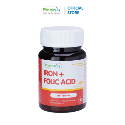 Viên bổ sung sắt và hỗ trợ giảm nguy cơ thiếu máu Pharmacity Iron + Folic Acid (Chai 60 viên)