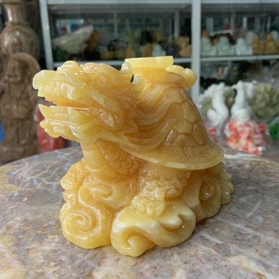 Tượng Long Quy ( Rùa đầu Rồng ) cõng gậy như ý phong thủy đá ngọc hoàng long - Dài 15 cm