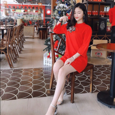 Váy đỏ thêu hoa dáng suông kiểu áo dài cách tân sang trọng thời trang xinh HB03