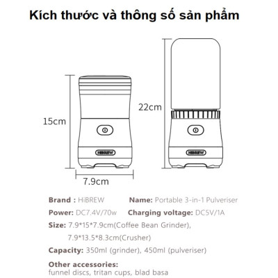 Máy xay hạt cà phê, sinh tố và đá viên dùng pin cầm tay 3 trong 1 thương hiệu Mỹ HiBREW G2 - Hàng Chính Hãng