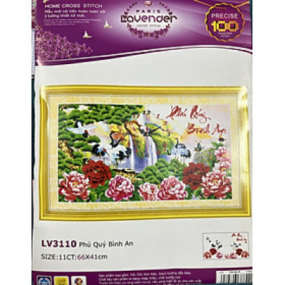 Tranh thêu chữ thập Đồng hồ Phú quý bình an Lv3110, kích thước 65 x 40 cm