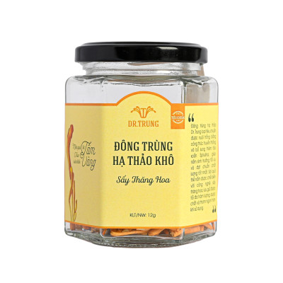 Đông trùng hạ thảo Dr. Trung Sấy thăng hoa hũ 12 gram - loại TIÊU CHUẨN - Công thức cải tiến bổ sung tảo Spirulina và Protein thực vật tạo dược chất cao, màu cam đậm, Giúp cải thiện giấc ngủ, Ổn định huyết áp