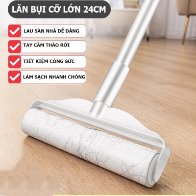 Combo Cây Lăn Bụi 24cm Cán Dài 1 Lõi Lăn Bụi Quần áo, Chăn Ga, Lông Chó Mèo