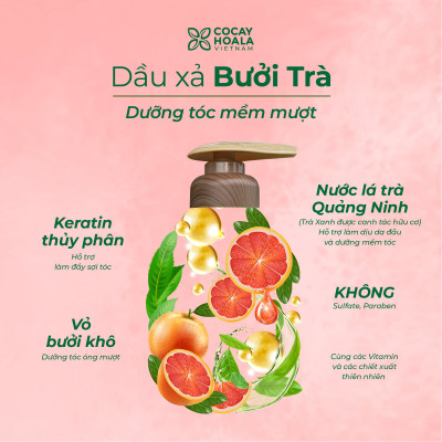 Dầu Gội Xả Hữu Cơ Bưởi Trà Cỏ Cây Hoa Lá VIETNAM, Dưỡng Tóc Chắc Khỏe, Mềm Mượt Tự Nhiên- Dung Tích 350gr