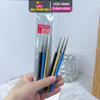Set 3 Cây Cọ Nét Beauty Xanh Vàng Đen 5mm, 7mm, 9mm Lông Mịn Không Lem, Đầu Cọ Dài Vẽ Đa Năng, Kẻ Viền Và Tạo Hình Làm Nail Đẹp Nữ Women