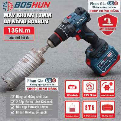 Máy [chính hãƞg] Khoan Pin BOSHUN BS-ID135AK , Anti-kickback, Động cơ Không chổi than 135Nm, 13mm, 3 chức năng