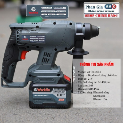 Khoan Bê Tông Pin 3 Chức Năng Workfix 21v-Model: WF-RH2603- Pin 15 cell 6 Ah.