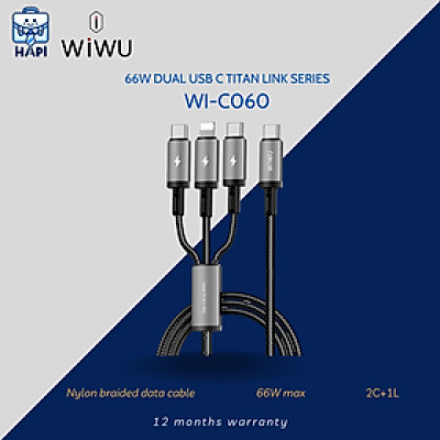Cáp sạc hàng chính hãng WiWU Titanlink 3 trong 1 Wi-C060: Công suất 60W, tích hợp 2 Type-C, 1 L, sạc đa năng