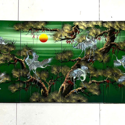 Bộ Tranh sơn mài 4 tấm- TÙNG HẠC DIÊN NIÊN - Khảm cừ size 60x120 cm / hàng cao cấp , xuất khẩu