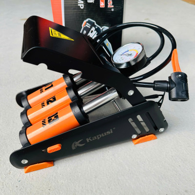 Bơm đạp chân xe đạp xe máy KAPUSI 3 ống xilanh bền đẹp - màu cam đen