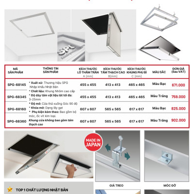 Nắp cửa thăm trần thạch cao 450x450 hàng Nhật, khung Nhôm, màu Bạc, Góc Mở 90 độ