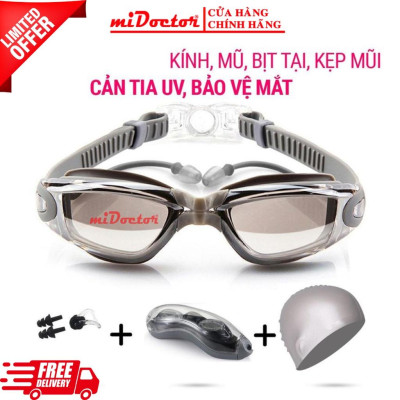 Kính Bơi Người Lớn Nam Nữ Cao Cấp - Tặng Kèm Bịt Tai + Hộp Đựng Kính - Hàng Chính Hãng miDoctor - Màu Xám Bạc
